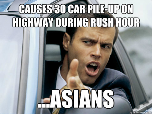 causes 30 car pile-up on highway during rush hour ...asians  Asshole driver