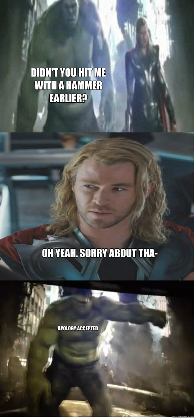 didn't you hit me with a hammer earlier? Oh yeah. sorry about tha- Apology accepted  avengers hulk smash thor
