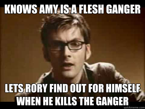 knows amy is a flesh ganger lets rory find out for himself when he kills the ganger  Time Traveler Problems