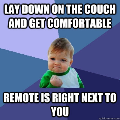 Lay down on the couch and get comfortable  Remote is right next to you   Success Kid