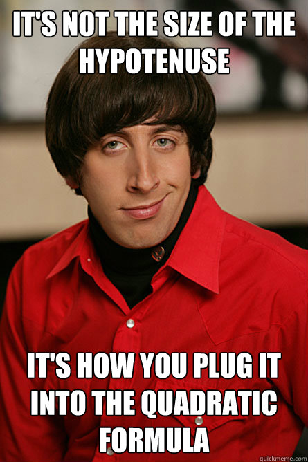 it's not the size of the hypotenuse it's how you plug it into the quadratic formula - it's not the size of the hypotenuse it's how you plug it into the quadratic formula  Pickup Line Scientist