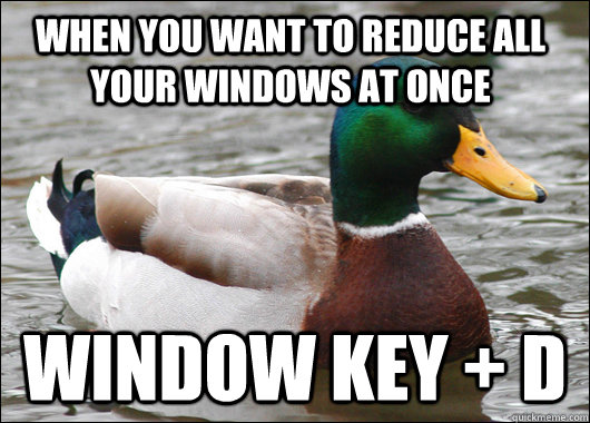 When you want to reduce all your windows at once Window key + D  Actual Advice Mallard