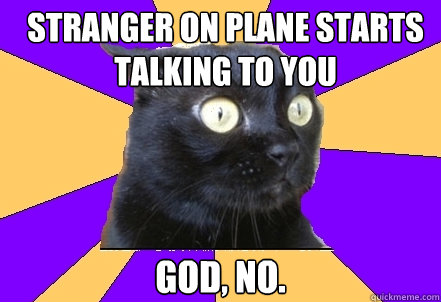 STRANGER ON PLANE STARTS TALKING TO YOU GOD, NO.  Anxiety Cat