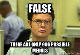 FALSE There are only 906 possible medals - FALSE There are only 906 possible medals  Dwight False