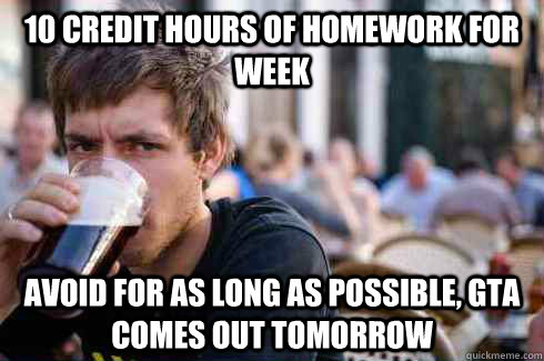 10 credit hours of homework for week Avoid for as long as possible, GTA comes out tomorrow  Lazy College Senior
