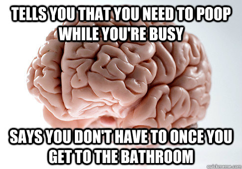 Tells you that you need to poop while you're busy Says you don't have to once you get to the bathroom  Scumbag Brain