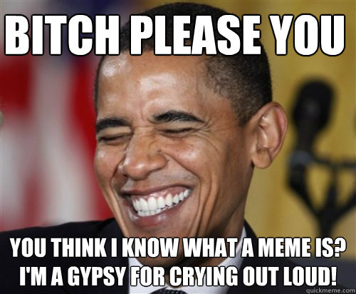 BITCH PLEASE YOU  YOU THINK I KNOW WHAT A MEME IS? I'M A GYPSY FOR CRYING OUT LOUD! - BITCH PLEASE YOU  YOU THINK I KNOW WHAT A MEME IS? I'M A GYPSY FOR CRYING OUT LOUD!  Scumbag Obama