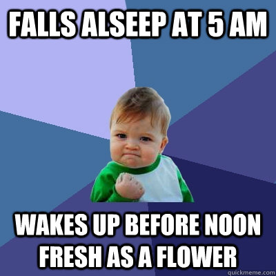falls alseep at 5 am wakes up before noon fresh as a flower  Success Kid
