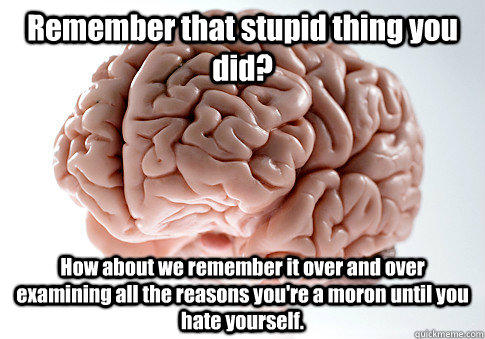 Remember that stupid thing you did? How about we remember it over and over examining all the reasons you're a moron until you hate yourself.  - Remember that stupid thing you did? How about we remember it over and over examining all the reasons you're a moron until you hate yourself.   Scumbag Brain