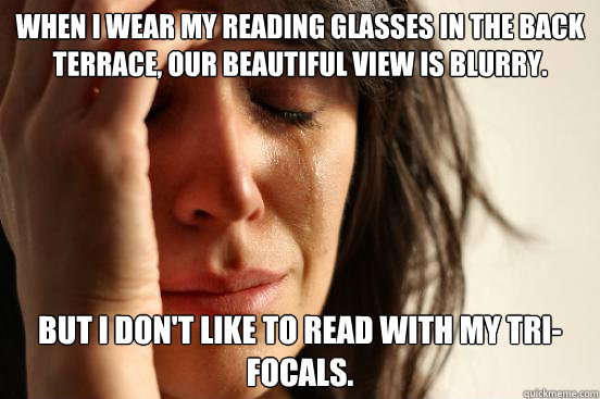 When I wear my reading glasses in the back terrace, our beautiful view is blurry. But I don't like to read with my tri-focals.  First World Problems