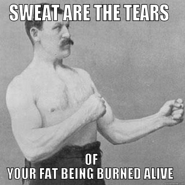 Heard a Personal coach saying this to his client at the gym. - SWEAT ARE THE TEARS  OF YOUR FAT BEING BURNED ALIVE  overly manly man