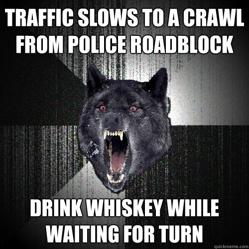 Traffic slows to a crawl from police roadblock drink whiskey while waiting for turn  Insanity Wolf