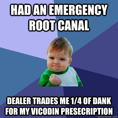 had an emergency root canal dealer trades me 1/4 of dank for my vicodin presecription  Success Kid