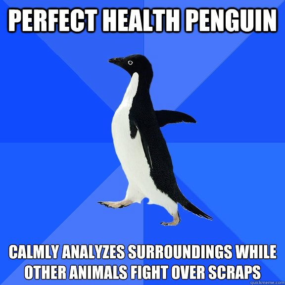 Perfect Health Penguin Calmly analyzes surroundings while other animals fight over scraps - Perfect Health Penguin Calmly analyzes surroundings while other animals fight over scraps  Socially Awkward Penguin