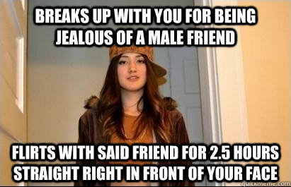 breaks up with you for being jealous of a male friend flirts with said friend for 2.5 hours straight right in front of your face  Scumbag Stacy