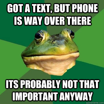 got a text, but phone is way over there its probably not that important anyway  Foul Bachelor Frog