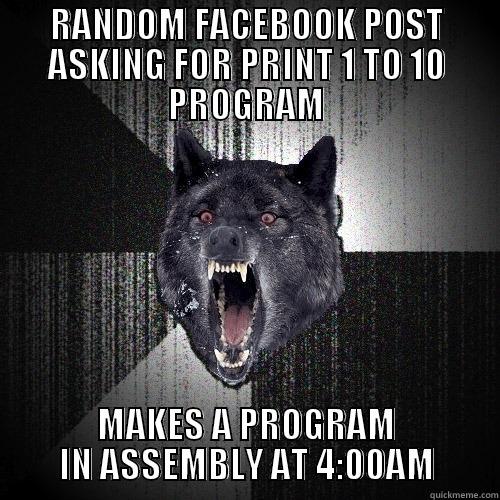 RANDOM FACEBOOK POST ASKING FOR PRINT 1 TO 10 PROGRAM MAKES A PROGRAM IN ASSEMBLY AT 4:00AM Insanity Wolf