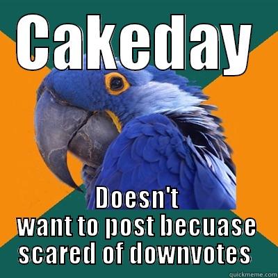 Cakeday Parrot - CAKEDAY DOESN'T WANT TO POST BECAUSE SCARED OF DOWNVOTES  Paranoid Parrot