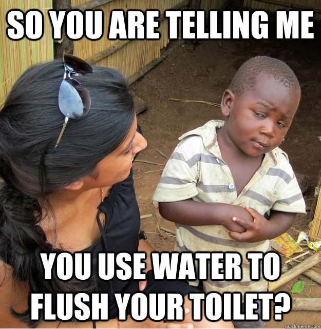 So you are telling me you use water to flush your toilet?  Skeptical Third World Kid