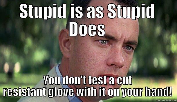 Stupid is as Stupid Does - STUPID IS AS STUPID DOES YOU DON'T TEST A CUT RESISTANT GLOVE WITH IT ON YOUR HAND! Offensive Forrest Gump