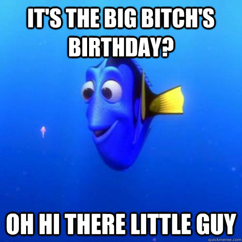 It's the big bitch's birthday? Oh hi there little guy  dory