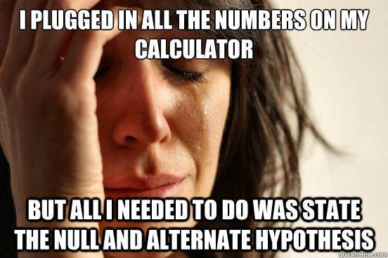 I plugged in all the numbers on my calculator but all I needed to do was state the Null and Alternate Hypothesis  First World Problems