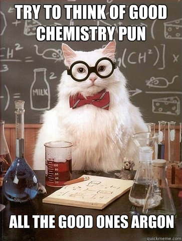 Try to think of good chemistry pun All the good ones argon  Chemistry Cat