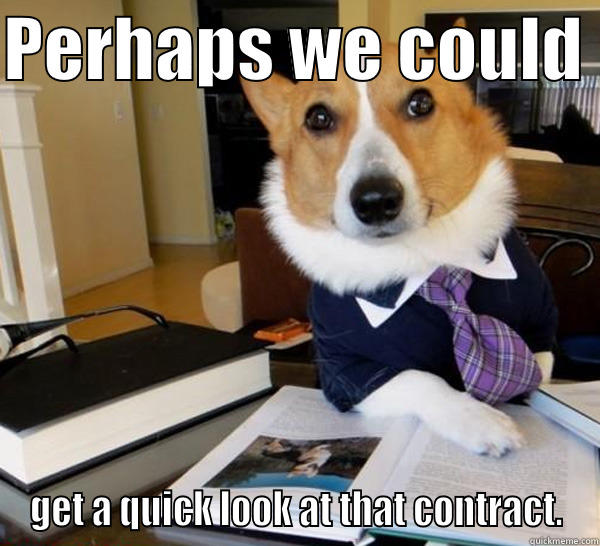 PERHAPS WE COULD  GET A QUICK LOOK AT THAT CONTRACT. Lawyer Dog
