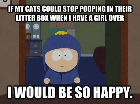 IF MY CATS COULD STOP POOPING IN THEIR LITTER BOX WHEN I HAVE A GIRL OVER I WOULD BE SO HAPPY.  Craig would be so happy