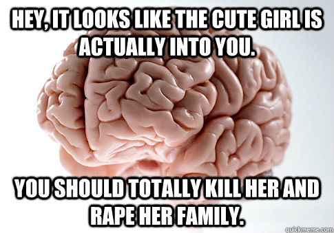 HEY, IT LOOKS LIKE THE CUTE GIRL IS ACTUALLY INTO YOU. YOU SHOULD TOTALLY KILL HER AND RAPE HER FAMILY.   Scumbag Brain