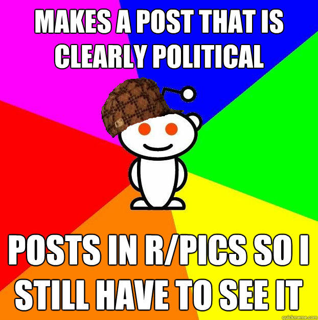 Makes a post that is clearly political Posts in r/pics so I still have to see it  