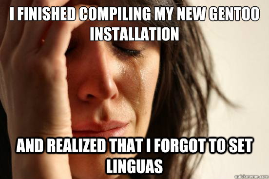 I finished compiling my new Gentoo installation and realized that I forgot to set LINGUAS  First World Problems