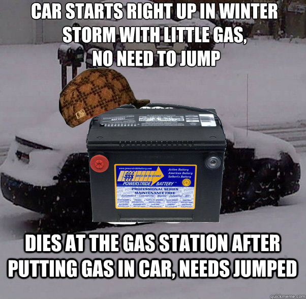 Car Starts right up in winter storm with little gas, 
 no need to jump Dies at the gas station AFTER putting gas in car, needs jumped   scumbag battery