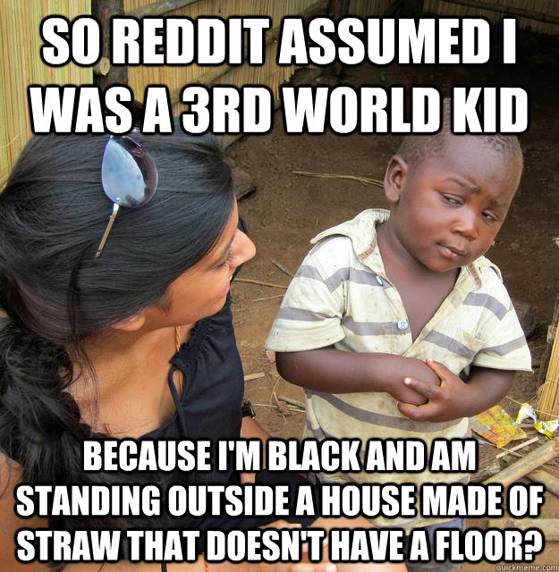 So Reddit assumed I was a 3rd world kid because I'm black and am standing outside a house made of straW THAT DOESN'T HAVE A FLOOR?  Skeptical Third World Baby