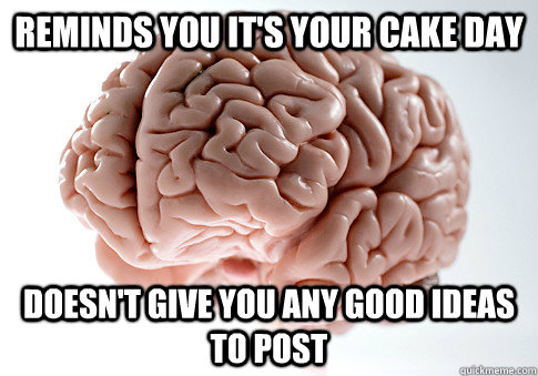 Reminds you it's your cake day Doesn't give you any good ideas to post   Scumbag Brain