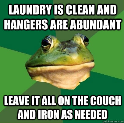 Laundry is clean and hangers are abundant Leave it all on the couch and iron as needed  Foul Bachelor Frog