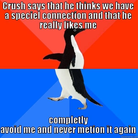 that sucks - CRUSH SAYS THAT HE THINKS WE HAVE A SPECIEL CONNECTION AND THAT HE REALLY LIKES ME COMPLETLY AVOID ME AND NEVER METION IT AGAIN Socially Awesome Awkward Penguin