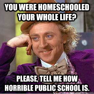 You were homeschooled your whole life? please, tell me how horrible public school is.  Creepy Wonka