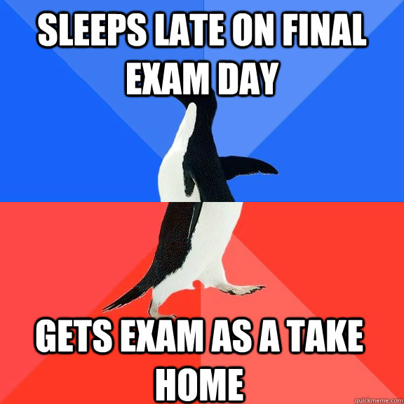 Sleeps late on final exam day gets exam as a take home   Socially Awkward Awesome Penguin