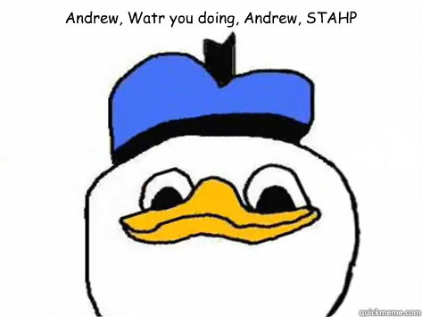 Andrew, Watr you doing, Andrew, STAHP   Dolan Duck