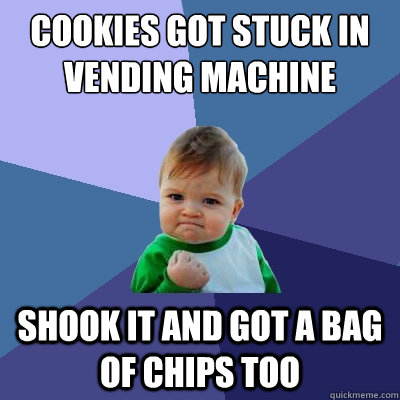 Cookies got stuck in vending machine shook it and got a bag of chips too  Success Kid