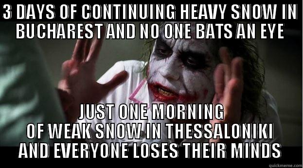 3 DAYS OF CONTINUING HEAVY SNOW IN BUCHAREST AND NO ONE BATS AN EYE  JUST ONE MORNING OF WEAK SNOW IN THESSALONIKI AND EVERYONE LOSES THEIR MINDS Joker Mind Loss