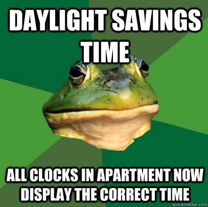 Daylight savings time  all clocks in apartment now display the correct time  Foul Bachelor Frog