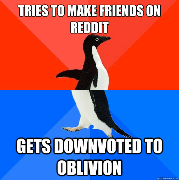 Tries to make friends on Reddit gets downvoted to oblivion  Socially Awesome Awkward Penguin