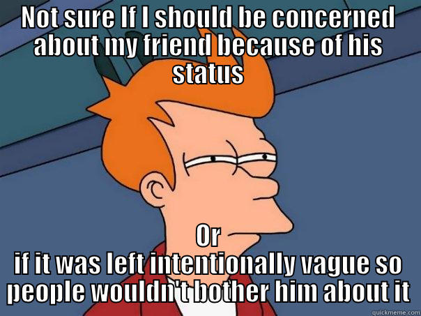 NOT SURE IF I SHOULD BE CONCERNED ABOUT MY FRIEND BECAUSE OF HIS STATUS OR IF IT WAS LEFT INTENTIONALLY VAGUE SO PEOPLE WOULDN'T BOTHER HIM ABOUT IT Futurama Fry