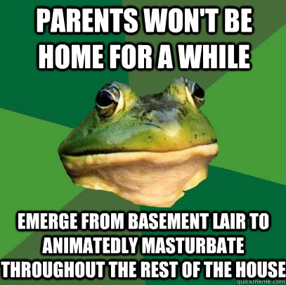 Parents won't be home for a while emerge from basement lair to animatedly masturbate throughout the rest of the house  Foul Bachelor Frog