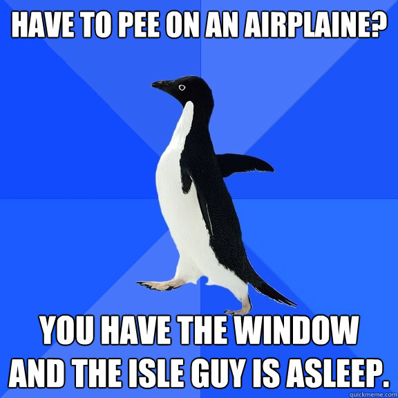 have to pee on an airplaine? you have the window  and the isle guy is asleep.  Socially Awkward Penguin