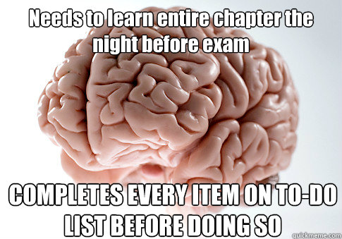 Needs to learn entire chapter the night before exam COMPLETES EVERY ITEM ON TO-DO LIST BEFORE DOING SO   Scumbag Brain