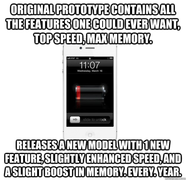 Original Prototype contains all the features one could ever want, top speed, max memory. Releases a new model with 1 new feature, slightly enhanced speed, and a slight boost in memory. Every. Year.  scumbag cellphone