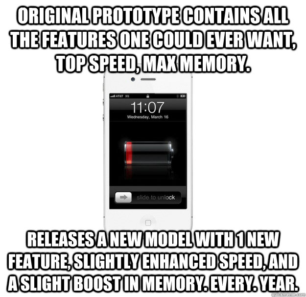Original Prototype contains all the features one could ever want, top speed, max memory. Releases a new model with 1 new feature, slightly enhanced speed, and a slight boost in memory. Every. Year.  scumbag cellphone